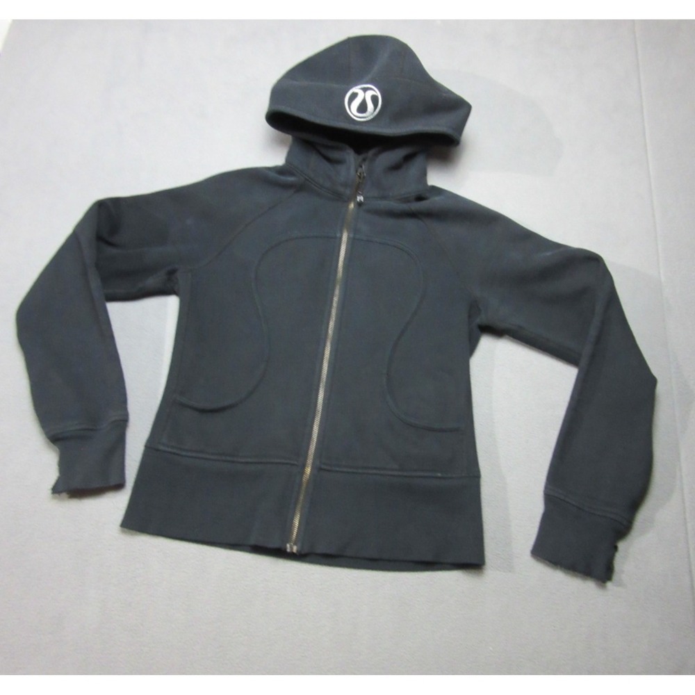 Lululemon Hoodie Womens 6 Black Graphic Print Back Ribbed Stretch Scuba Zip Up